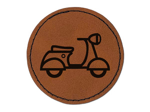 Moped Scooter Motor Vehicle Round Iron-On Engraved Faux Leather Patch Applique - 2.5"