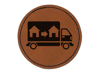 Moving Truck Vehicle Icon Round Iron-On Engraved Faux Leather Patch Applique - 2.5"