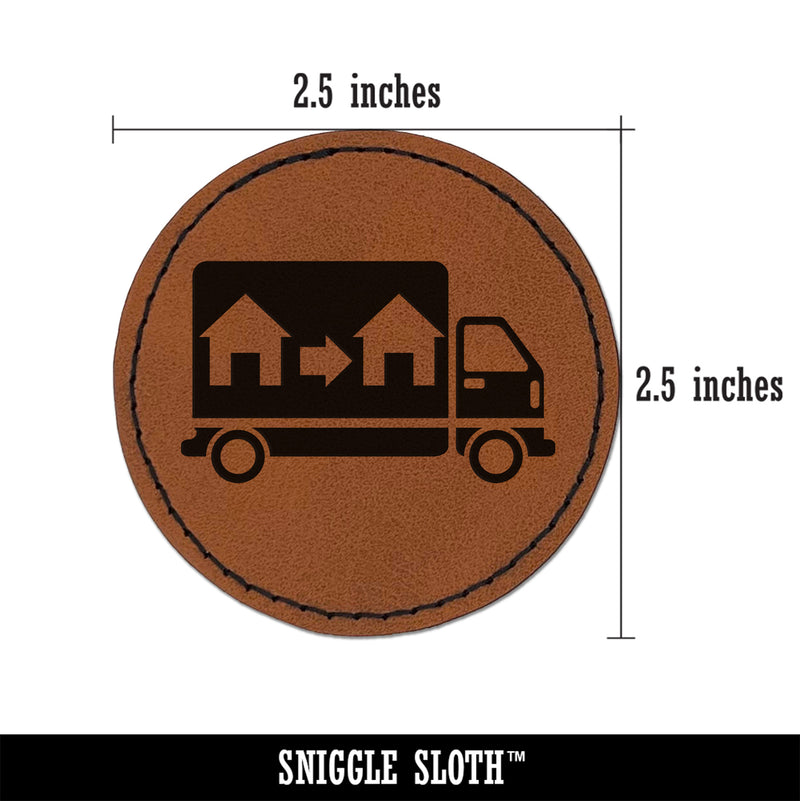 Moving Truck Vehicle Icon Round Iron-On Engraved Faux Leather Patch Applique - 2.5"