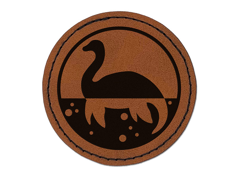 Nessie Loch Ness Monster Round Iron-On Engraved Faux Leather Patch Applique - 2.5"