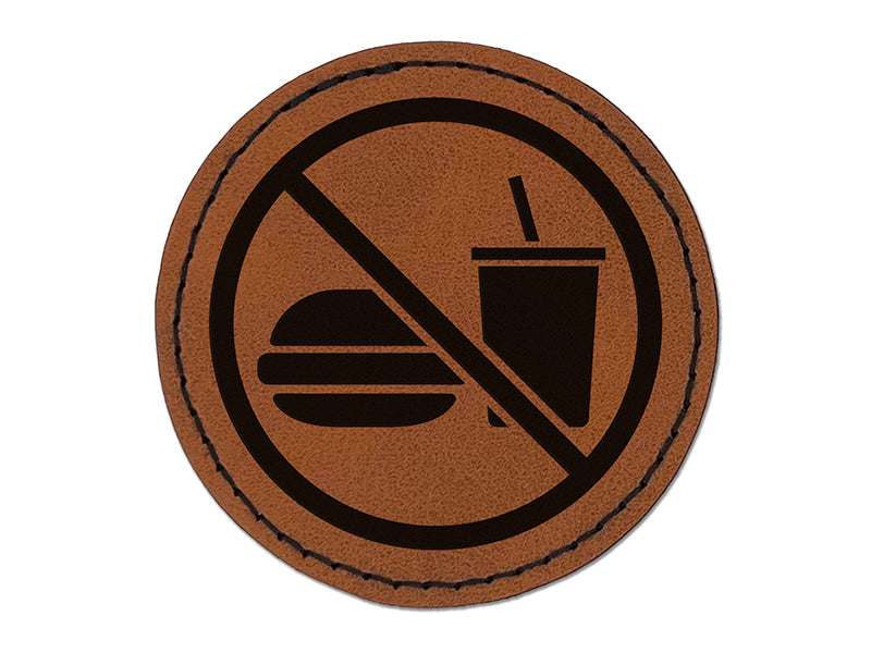 No Food or Drink Icon Round Iron-On Engraved Faux Leather Patch Applique - 2.5"