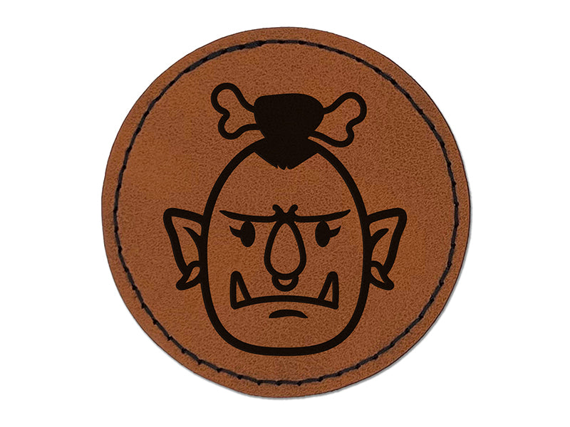 Orc Female Character Face Round Iron-On Engraved Faux Leather Patch Applique - 2.5"