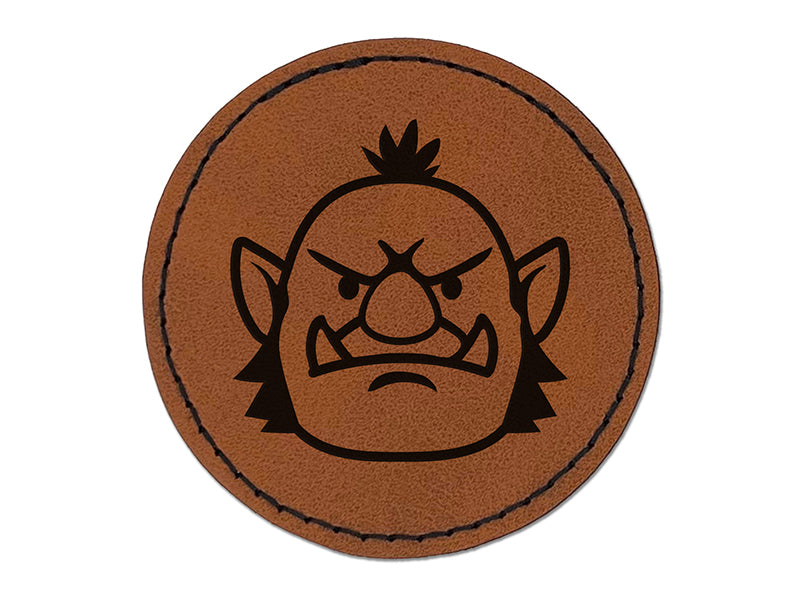 Orc Male Character Face Round Iron-On Engraved Faux Leather Patch Applique - 2.5"