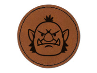 Orc Male Character Face Round Iron-On Engraved Faux Leather Patch Applique - 2.5"