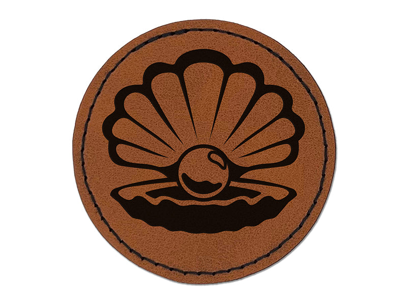 Oyster with Pearl Sea Shell Round Iron-On Engraved Faux Leather Patch Applique - 2.5"