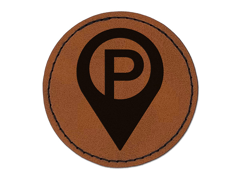 P Parking Map Location Icon Round Iron-On Engraved Faux Leather Patch Applique - 2.5"