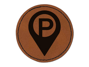 P Parking Map Location Icon Round Iron-On Engraved Faux Leather Patch Applique - 2.5"