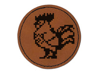 Pixel Rooster Chicken Round Iron-On Engraved Faux Leather Patch Applique - 2.5"