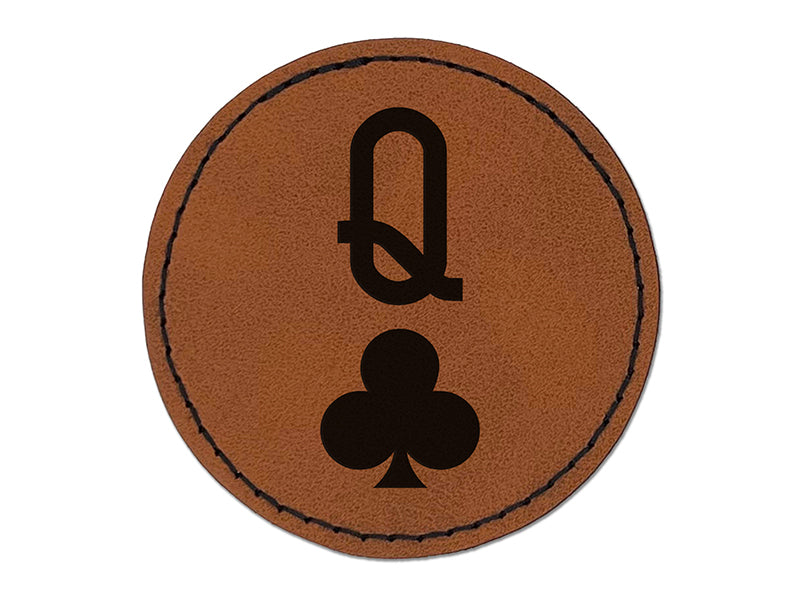 Queen of Clubs Card Suit Round Iron-On Engraved Faux Leather Patch Applique - 2.5"