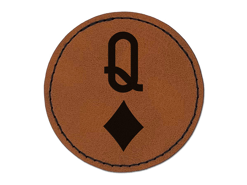 Queen of Diamonds Card Suit Round Iron-On Engraved Faux Leather Patch Applique - 2.5"