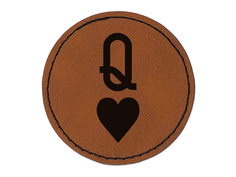 Queen of Hearts Card Suit Round Iron-On Engraved Faux Leather Patch Applique - 2.5"