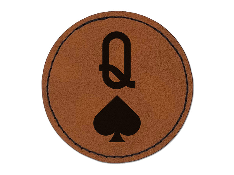 Queen of Spades Card Suit Round Iron-On Engraved Faux Leather Patch Applique - 2.5"