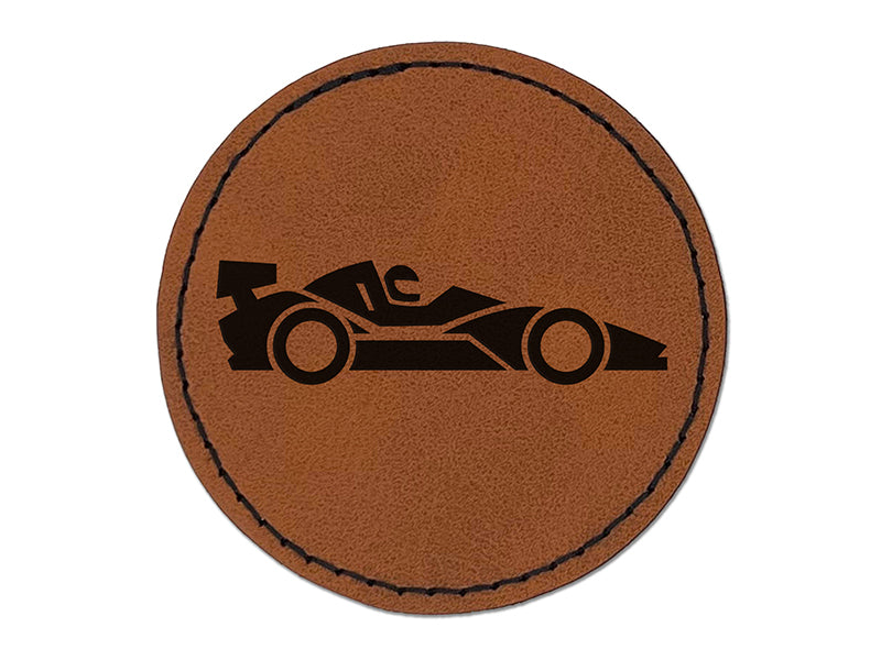 Racing Car Racecar Vehicle Automobile Round Iron-On Engraved Faux Leather Patch Applique - 2.5"