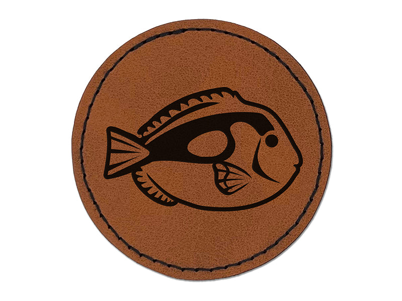 Regal Blue Tang Surgeonfish Fish Round Iron-On Engraved Faux Leather Patch Applique - 2.5"