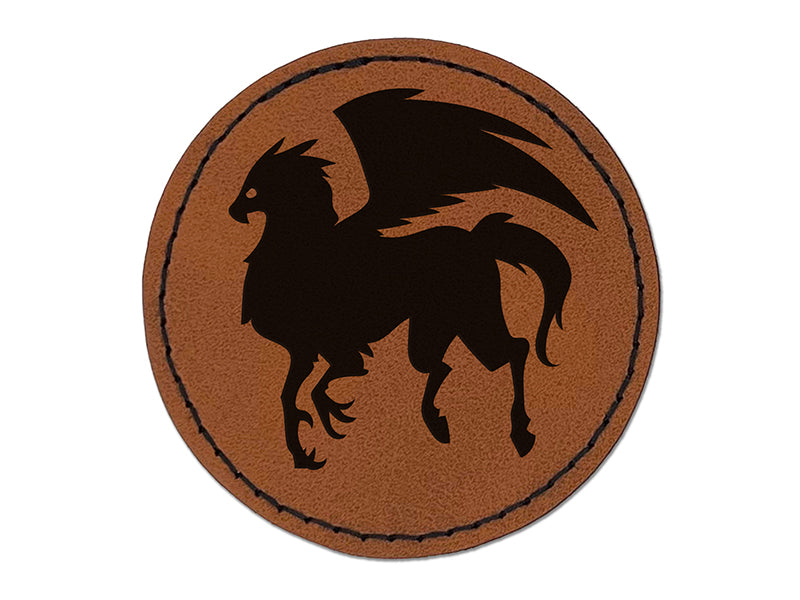 Regal Hippogriff Fantasy Silhouette Round Iron-On Engraved Faux Leather Patch Applique - 2.5"