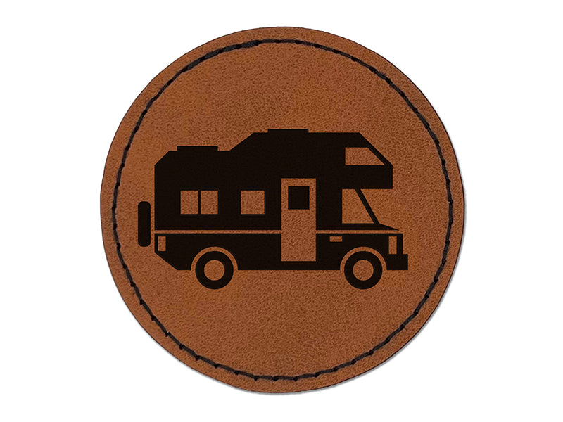 RV Road Trip Camping Automobile Family Vehicle Round Iron-On Engraved Faux Leather Patch Applique - 2.5"