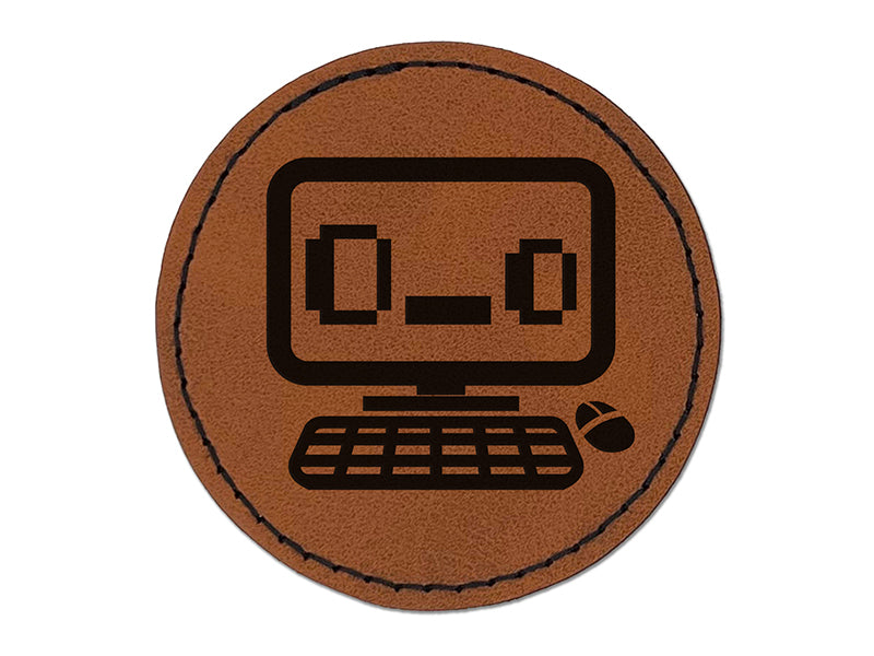 Shocked Confused Kawaii Computer Face Emoticon Round Iron-On Engraved Faux Leather Patch Applique - 2.5"