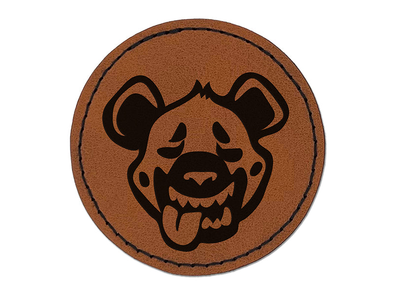 Smiling Spotted Hyena Head Round Iron-On Engraved Faux Leather Patch Applique - 2.5"