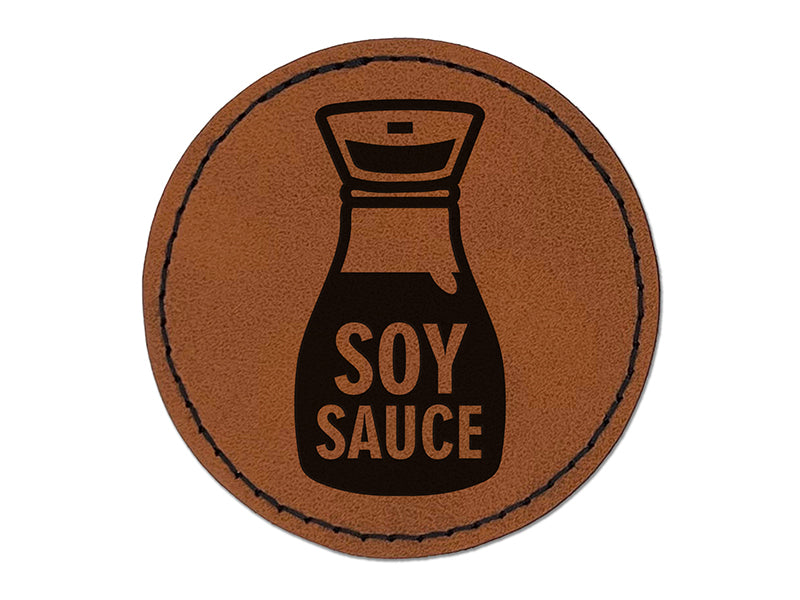 Soy Sauce Bottle Round Iron-On Engraved Faux Leather Patch Applique - 2.5"