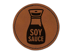 Soy Sauce Bottle Round Iron-On Engraved Faux Leather Patch Applique - 2.5"