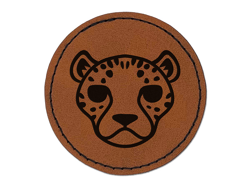 Spotted Cheetah head Round Iron-On Engraved Faux Leather Patch Applique - 2.5"