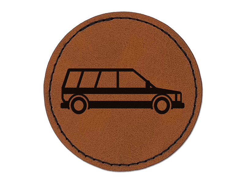 Station Wagon Family Car Vehicle Automobile Round Iron-On Engraved Faux Leather Patch Applique - 2.5"