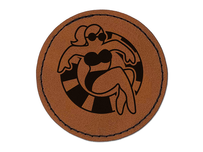 Summer Woman in Swimsuit Floating Round Iron-On Engraved Faux Leather Patch Applique - 2.5"