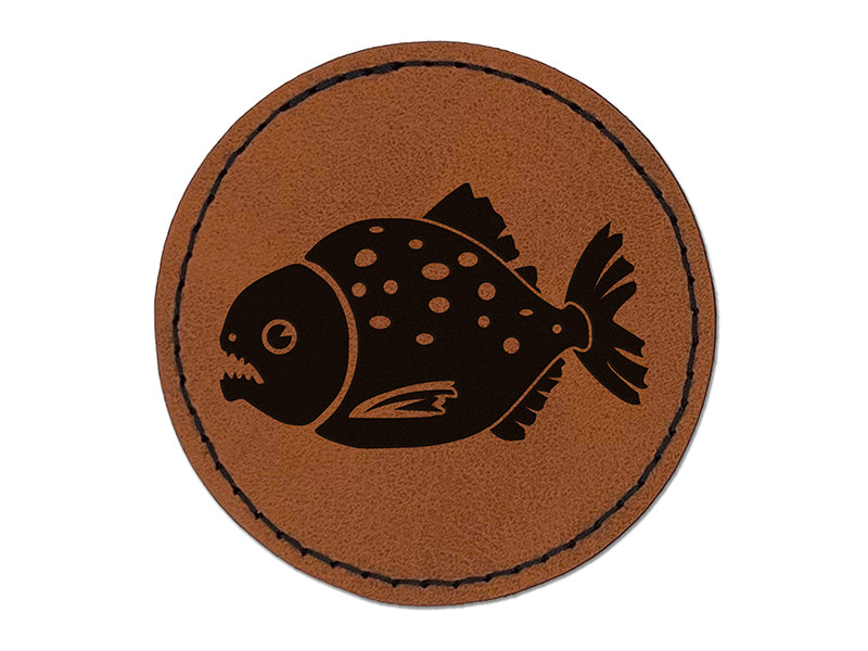 Toothy Piranha Fish Round Iron-On Engraved Faux Leather Patch Applique - 2.5"