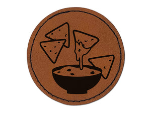 Tortilla Chips and Dip Salsa Cheese Guacamole Round Iron-On Engraved Faux Leather Patch Applique - 2.5"