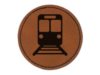 Train Tram Rail Railway Station Icon Round Iron-On Engraved Faux Leather Patch Applique - 2.5"