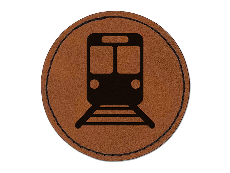 Train Tram Rail Railway Station Icon Round Iron-On Engraved Faux Leather Patch Applique - 2.5"