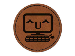 Very Happy Kawaii Computer Face Emoticon Round Iron-On Engraved Faux Leather Patch Applique - 2.5"