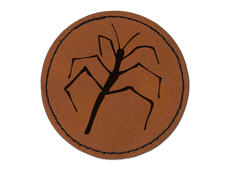 Walking Stick Bug Insect Round Iron-On Engraved Faux Leather Patch Applique - 2.5"