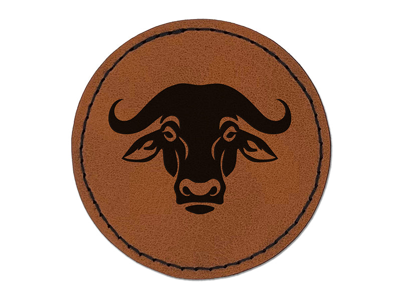Water Cape Buffalo Bison Ox Round Iron-On Engraved Faux Leather Patch Applique - 2.5"