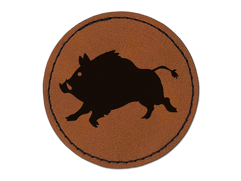 Wild Boar Pig Swine with Tusks Round Iron-On Engraved Faux Leather Patch Applique - 2.5"