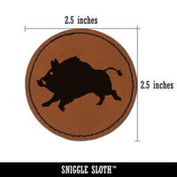 Wild Boar Pig Swine with Tusks Round Iron-On Engraved Faux Leather Patch Applique - 2.5"