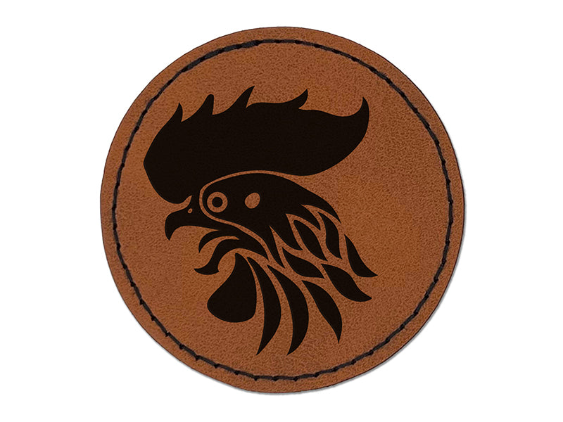 Wild Rooster Head Round Iron-On Engraved Faux Leather Patch Applique - 2.5"