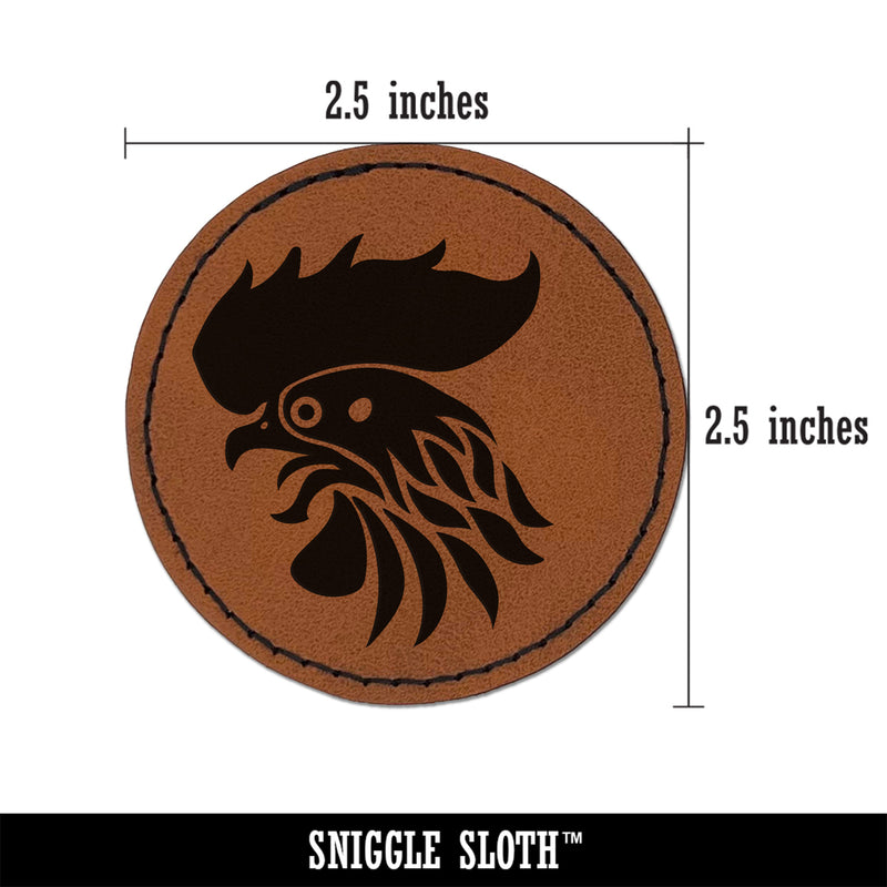 Wild Rooster Head Round Iron-On Engraved Faux Leather Patch Applique - 2.5"