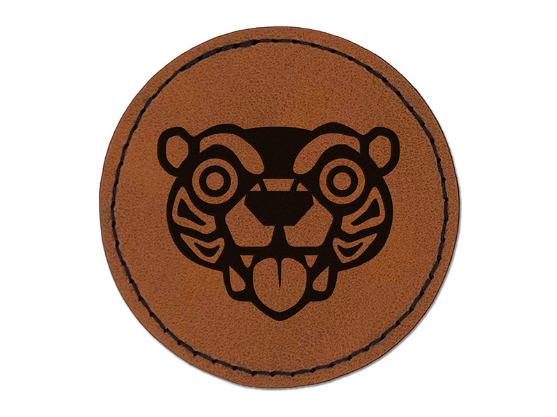 Wild Tribal Bear Face Round Iron-On Engraved Faux Leather Patch Applique - 2.5"