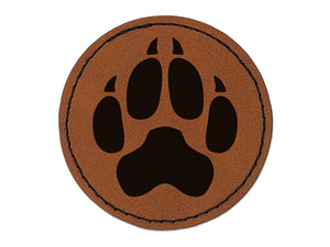 Wolf Coyote Paw Print Round Iron-On Engraved Faux Leather Patch Applique - 2.5"