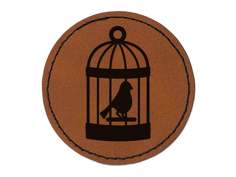 Bird Cage with Bird Round Iron-On Engraved Faux Leather Patch Applique - 2.5"