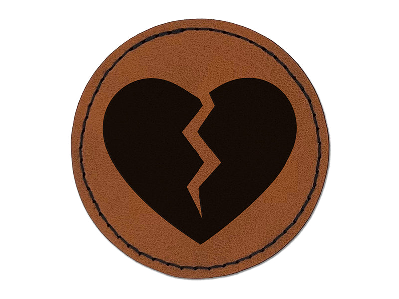 Broken Heart Love Round Iron-On Engraved Faux Leather Patch Applique - 2.5"