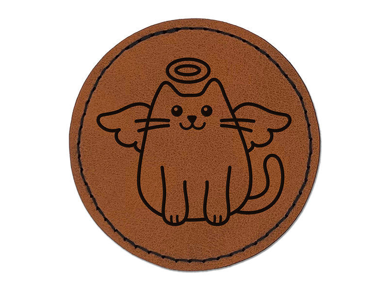 Cat Angel Round Iron-On Engraved Faux Leather Patch Applique - 2.5"