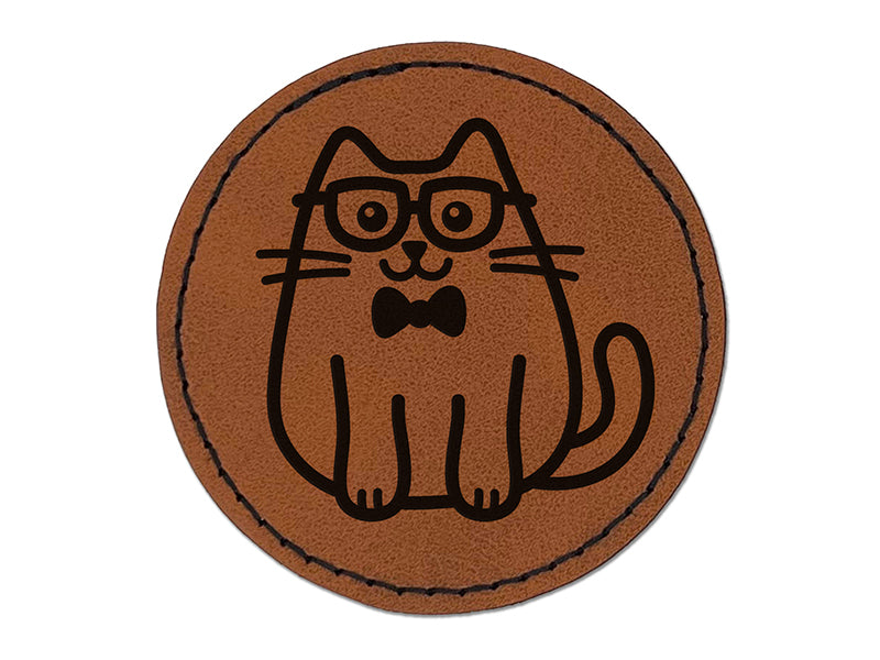 Cat Smart with Glasses and Bowtie Round Iron-On Engraved Faux Leather Patch Applique - 2.5"