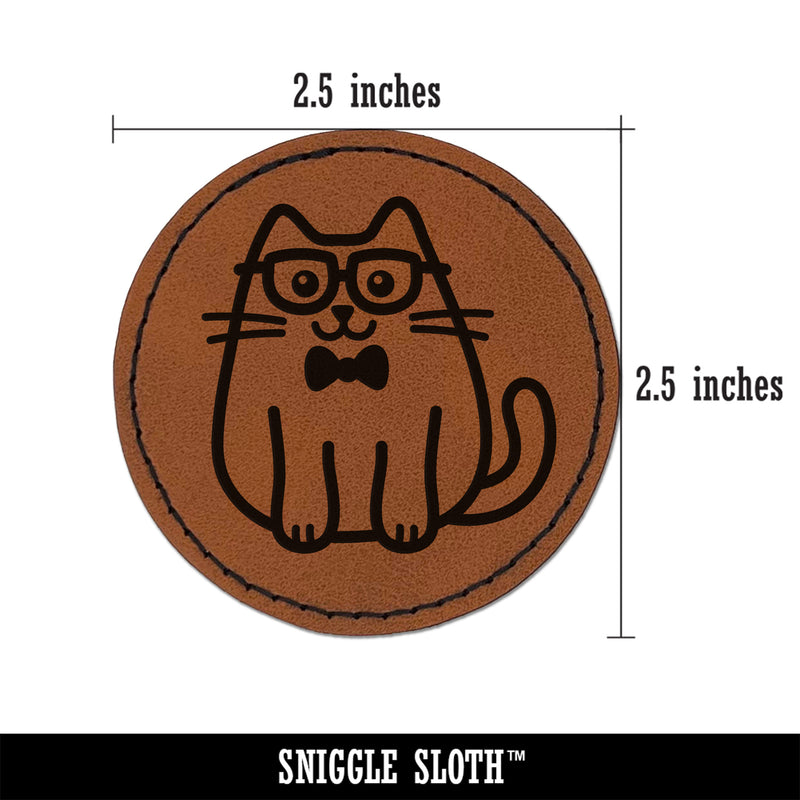 Cat Smart with Glasses and Bowtie Round Iron-On Engraved Faux Leather Patch Applique - 2.5"