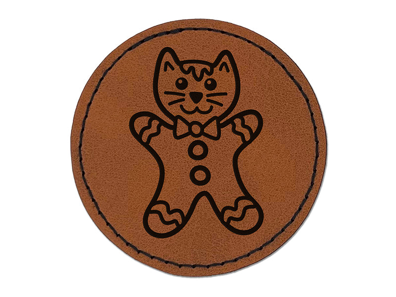 Christmas Gingerbread Cat Round Iron-On Engraved Faux Leather Patch Applique - 2.5"
