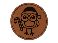 Christmas Owl with Candy Cane Round Iron-On Engraved Faux Leather Patch Applique - 2.5"