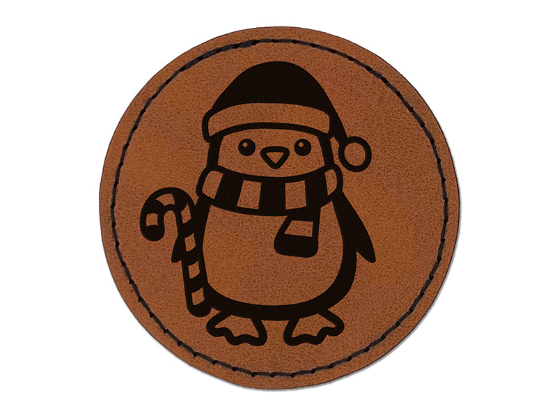 Christmas Penguin with Candy Cane Round Iron-On Engraved Faux Leather Patch Applique - 2.5"