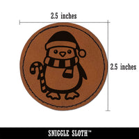 Christmas Penguin with Candy Cane Round Iron-On Engraved Faux Leather Patch Applique - 2.5"