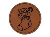 Christmas Stocking with Presents Round Iron-On Engraved Faux Leather Patch Applique - 2.5"